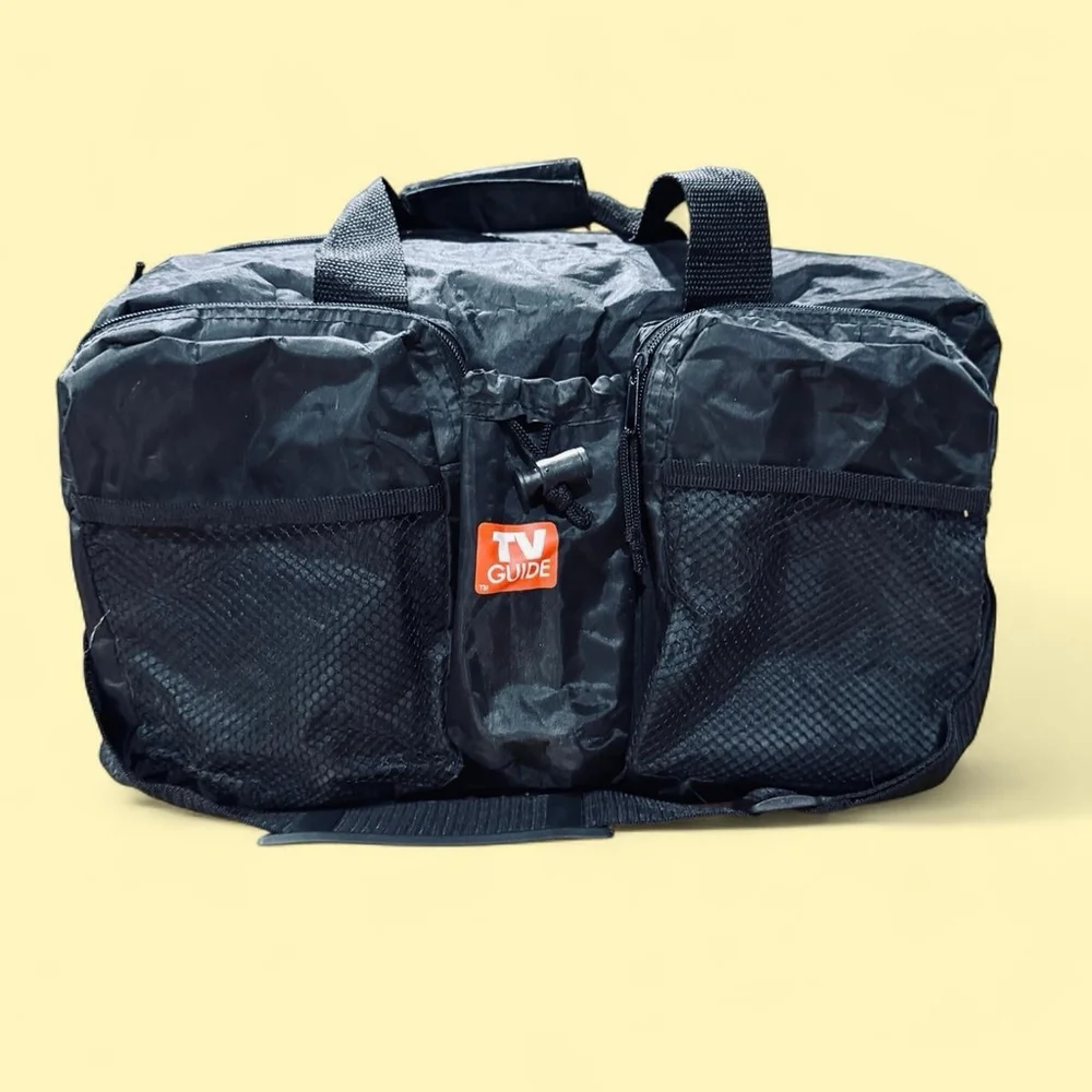 TV Guide Black Duffel Bag Mesh Pockets Zippered Carry Bag Promo Tote Nostalgia